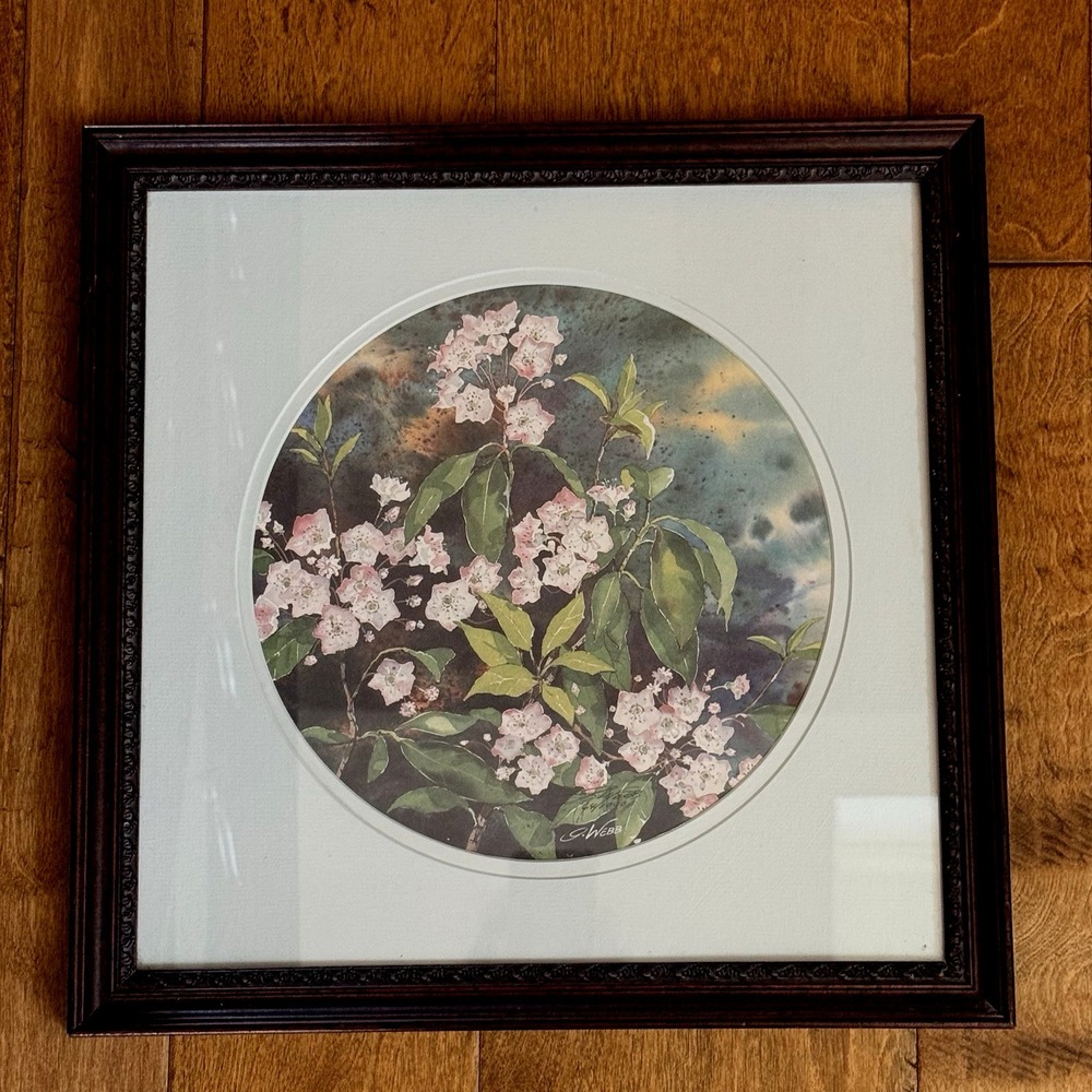 G‎ Webb Signed Numbered Floral Print Azaleas Framed 15x15 Round Mat Botanical